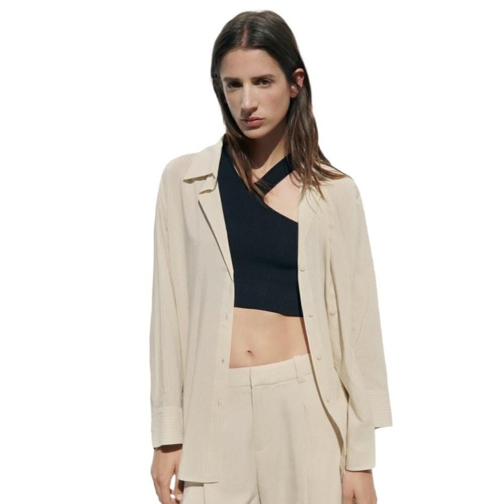 ZARA RUSTIC FABRIC SHIRT SAND / BLACK SIZE XS | 2298/077